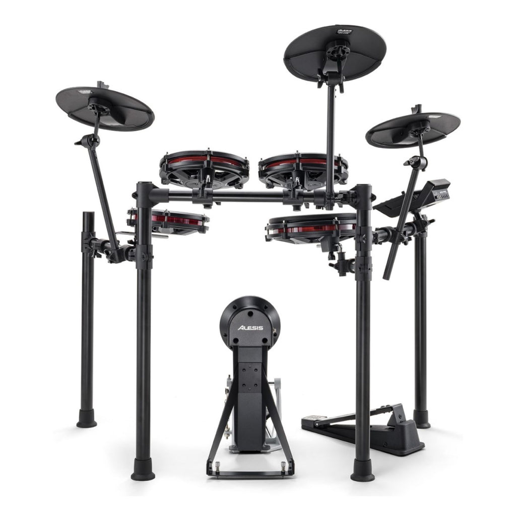 Alesis Nitro Max 8-piece electronic drum kit with mesh heads, Bluetooth connectivity, and drum sticks on a stand.