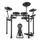 Alesis Nitro Max 8-piece electronic drum kit with mesh heads, Bluetooth connectivity, and drum sticks on a stand.