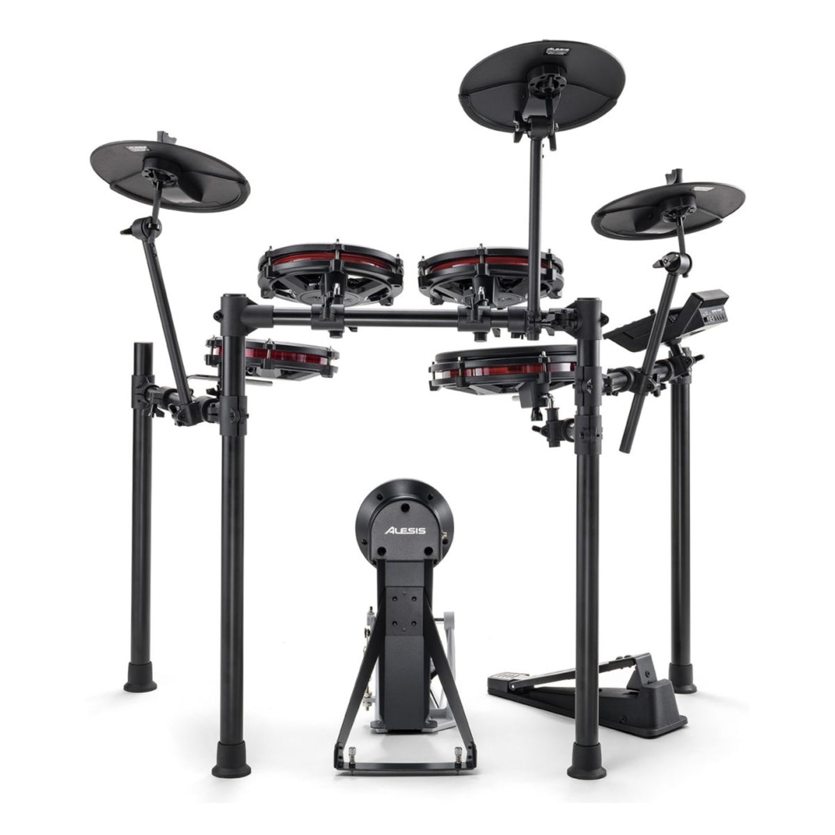 Alesis Nitro Max 8-piece electronic drum kit with mesh heads, Bluetooth connectivity, and drum sticks on a stand.