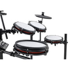 Alesis Nitro Max 8-piece electronic drum kit with mesh heads, Bluetooth connectivity, and drum pads for electronic drumming.