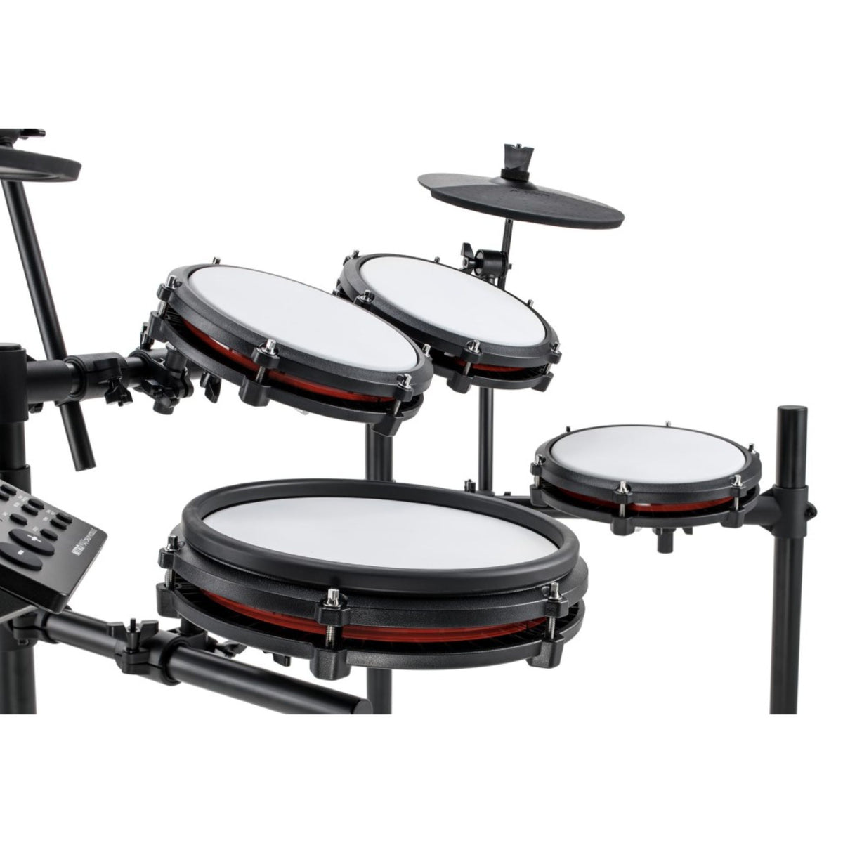 Alesis Nitro Max 8-piece electronic drum kit with mesh heads, Bluetooth connectivity, and drum pads for electronic drumming.