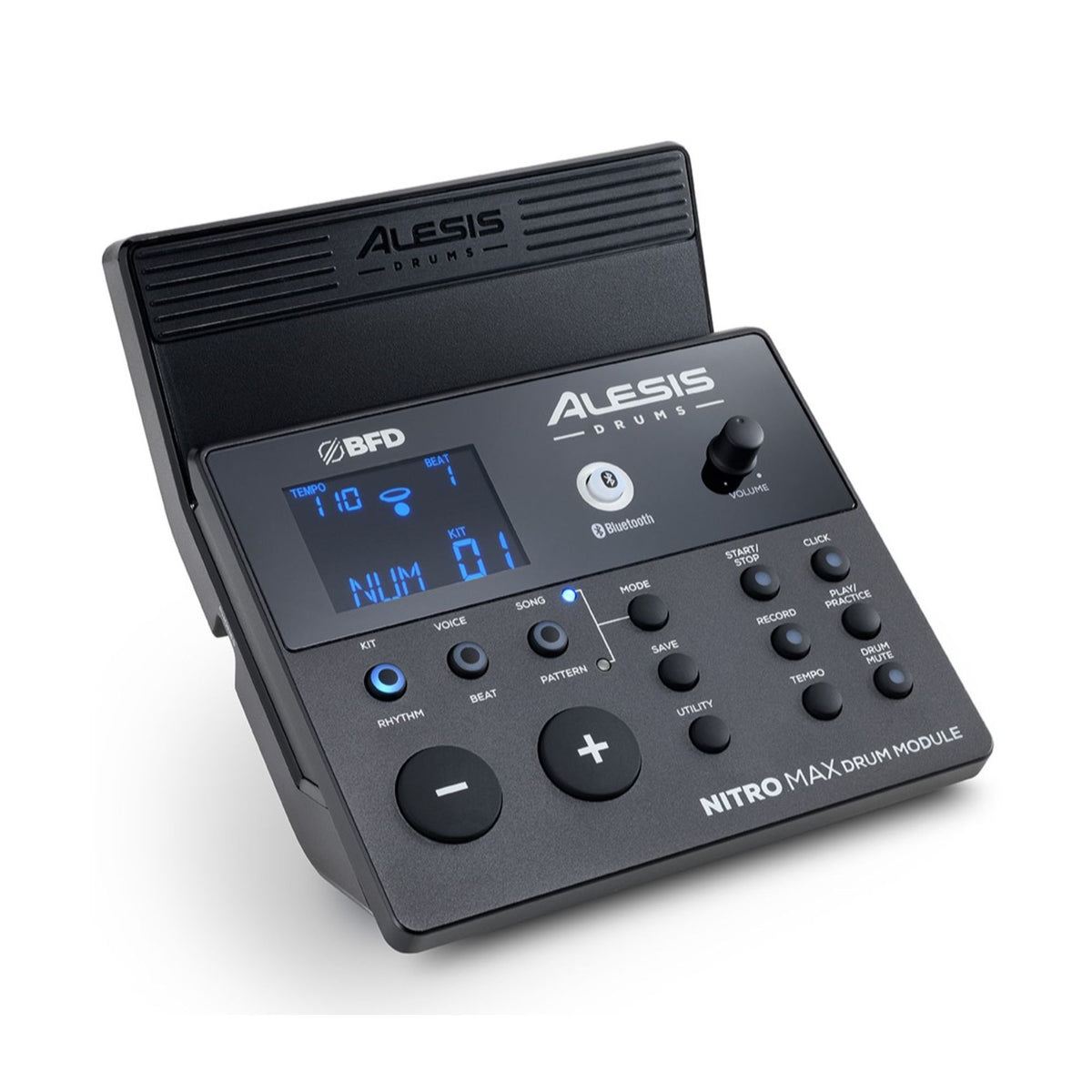 Alesis Nitro Max 8-piece electronic drum kit with mesh heads and Bluetooth connectivity, featuring drum pads and control modules.