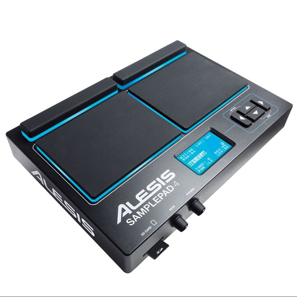 Alesis Sample Pad 4 electronic drum multipad with colorful pads and control buttons for percussion sounds and beat creation.