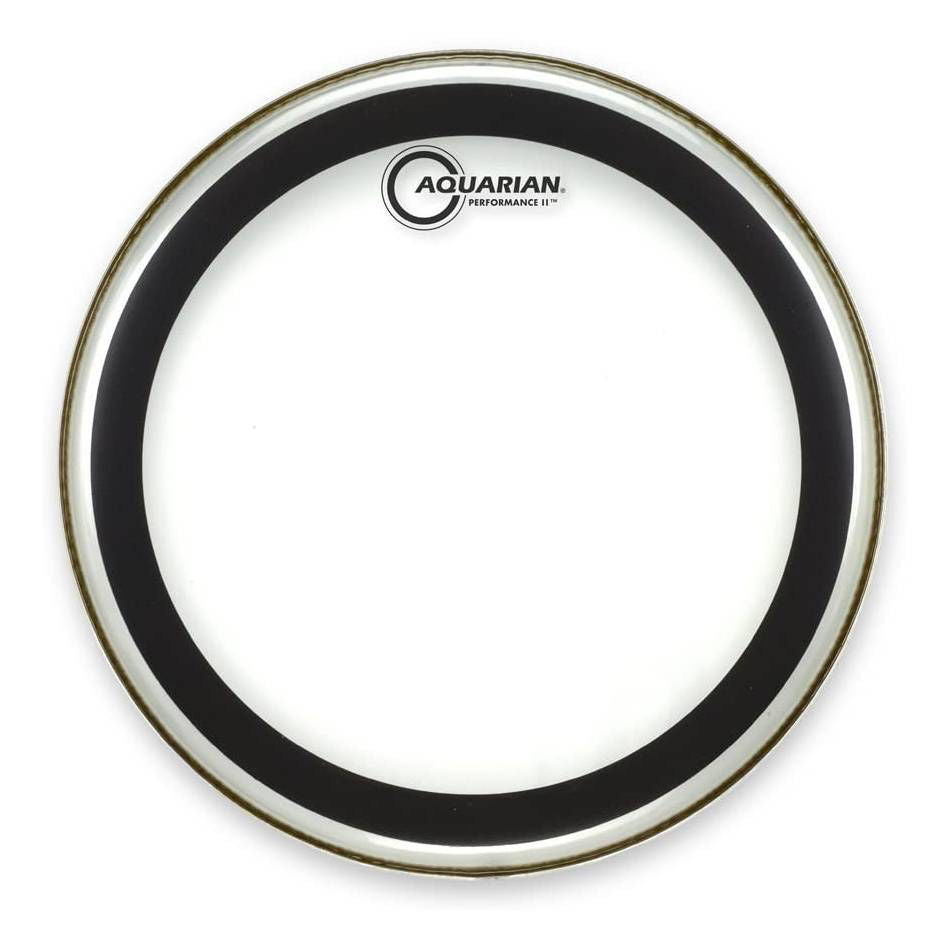 Aquarian PF10 Performance II 2-Ply Clear Drumhead for drums, showing the transparent drumhead with brand logo and drum hardware.