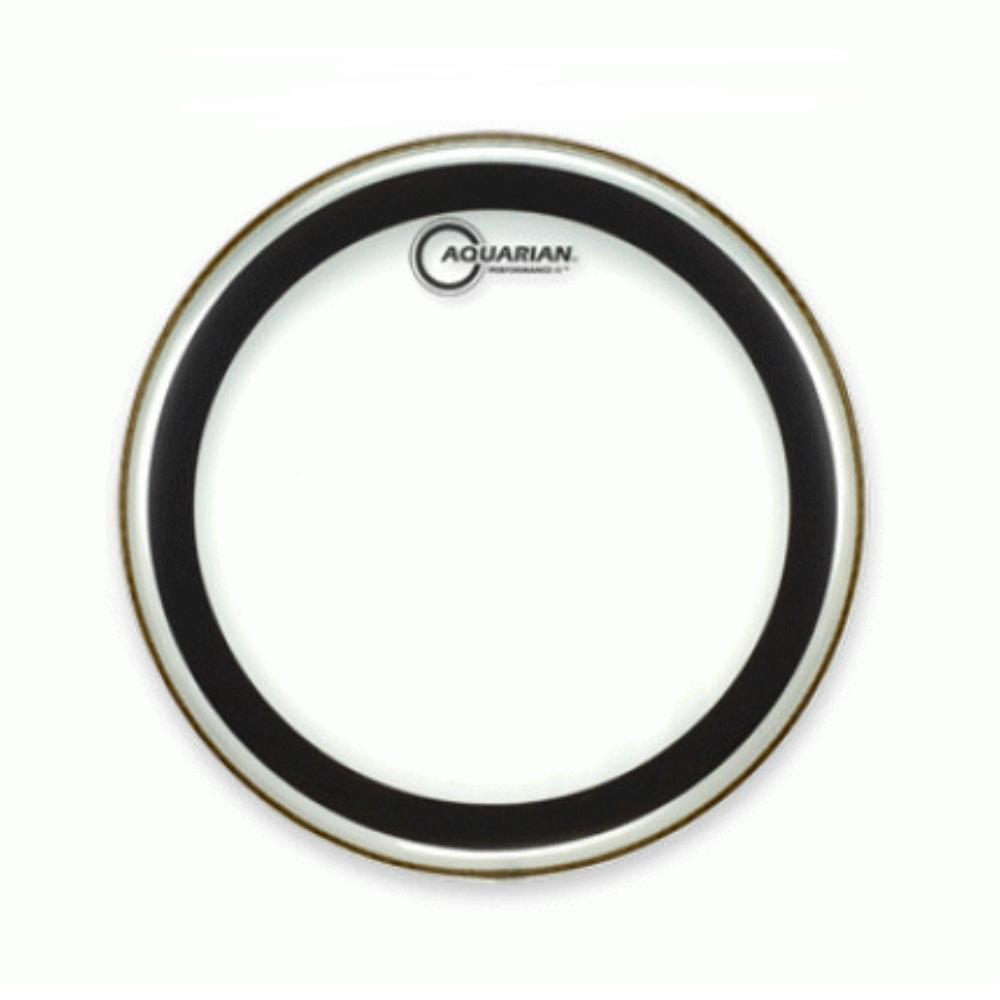 AQUARIAN PF20B Performance II 2 Ply clear drum head showing a round, transparent drum skin with branding details.