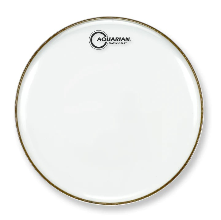 AQUARIAN CCSN14 Classic Clear 14-inch snare-side resonant drum head with transparent surface and drum hardware visible.