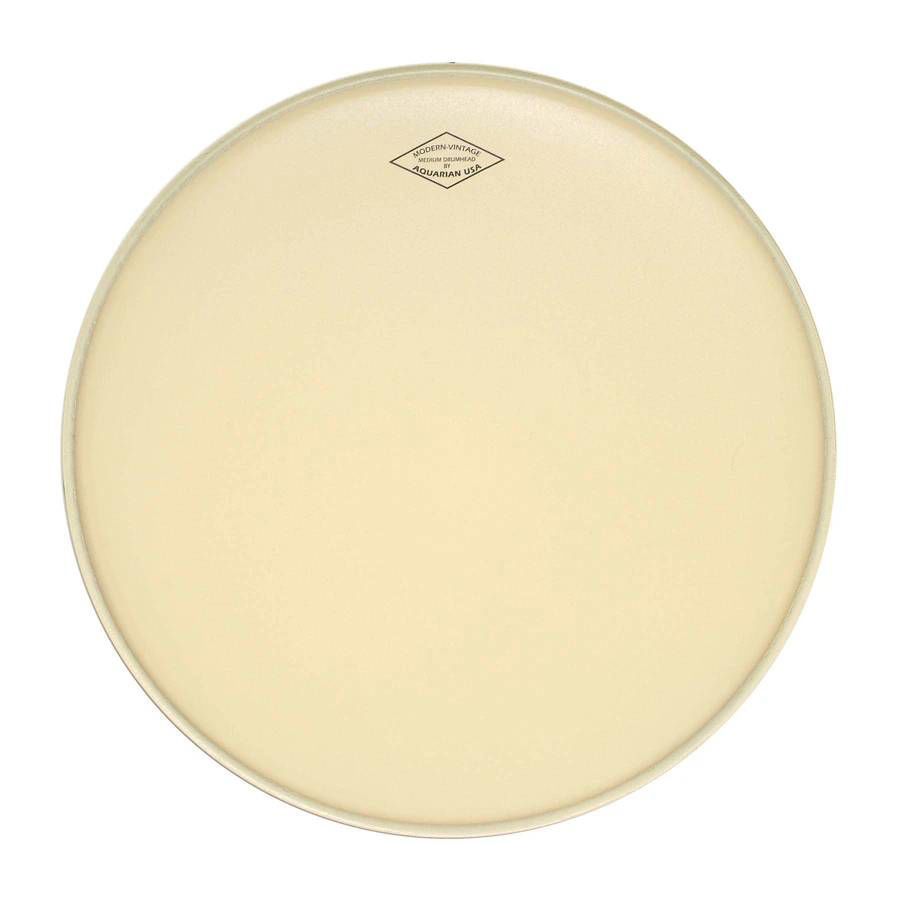 AQUARIAN MOTC-M16 vintage modern drum head with black and white design, showing the branded drum head on a drum kit.