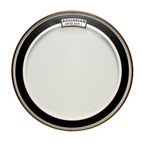 AQUARIAN SKI22 22-inch Super Kick I clear kick drum head mounted on a drum, showing its transparent surface and branding.