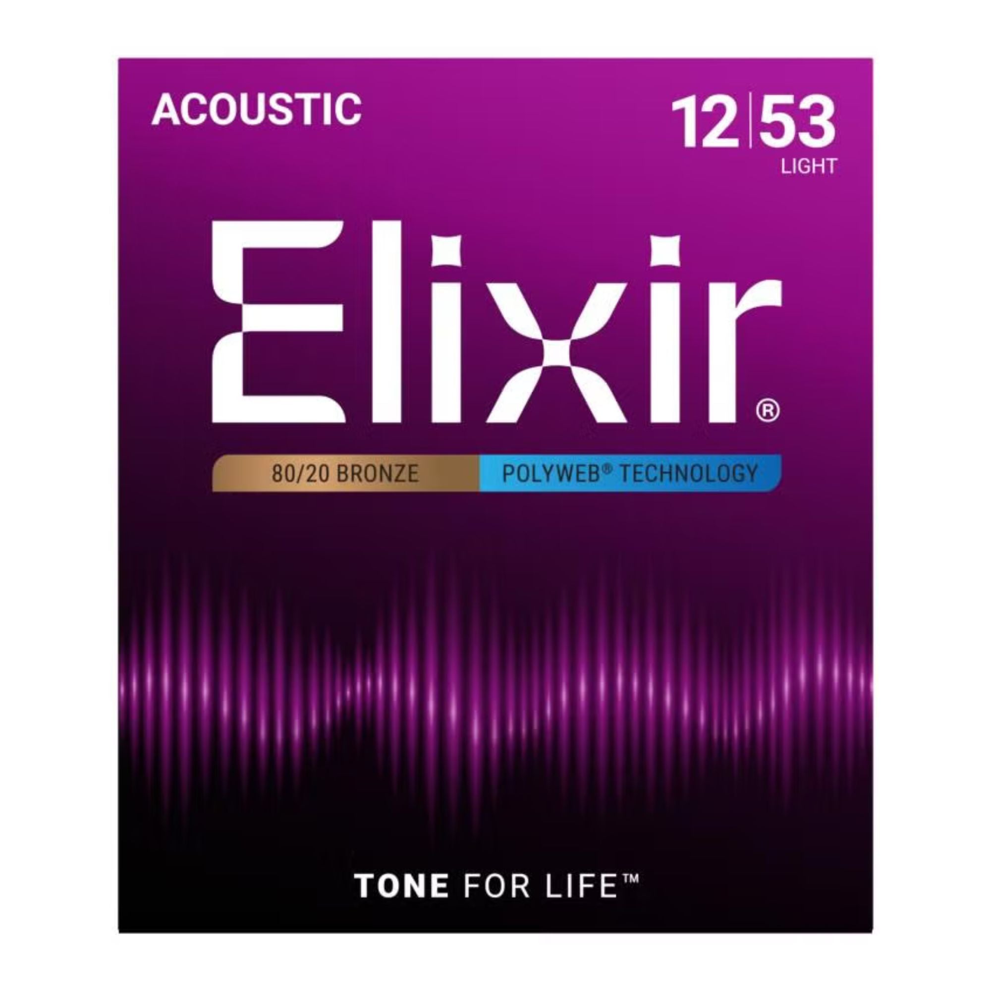 Elixir 12-53 Acoustic Guitar Strings with POLYWEB coating, light gauge, 80/20 bronze, shown on a guitar.
