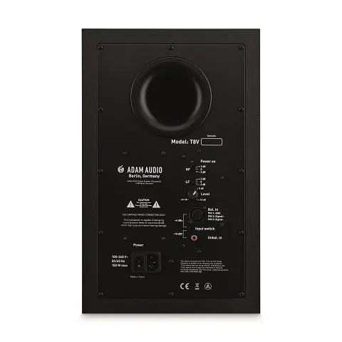 ADAM Audio T8V 8-inch 2-way nearfield studio monitor speaker, single, with black enclosure and detailed speaker components visible