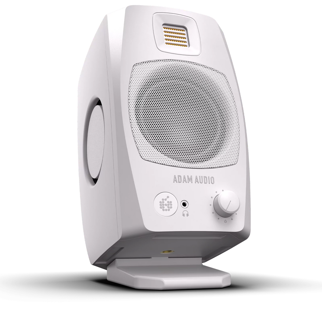 Adam Audio D3V active desktop studio monitor in white, featuring compact design and high-quality audio for professional music production.