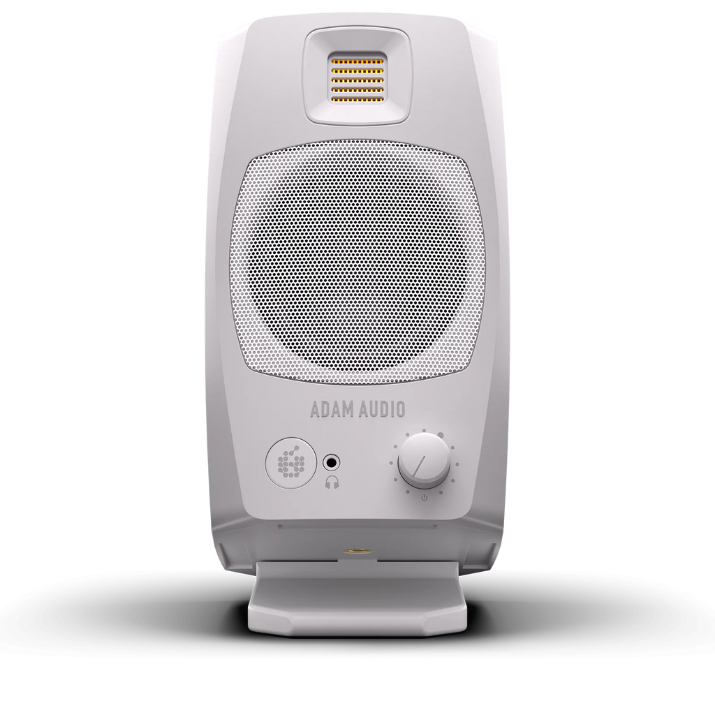 Adam Audio D3V active desktop studio monitor in white, showing the compact speaker with control panel and driver details.