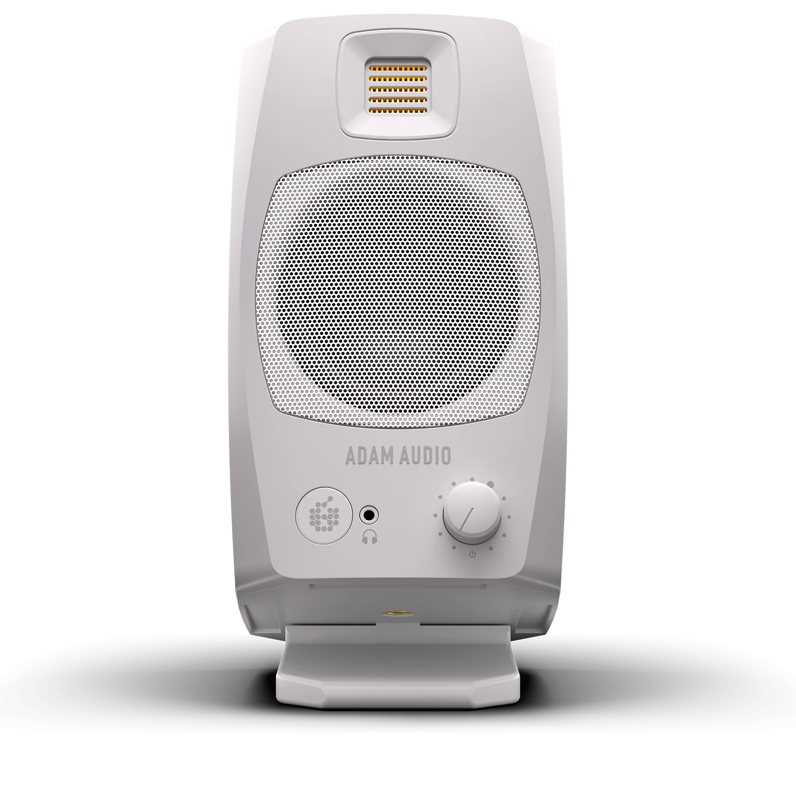 Adam Audio D3V active desktop studio monitor in white, showing the compact speaker with control panel and driver details.
