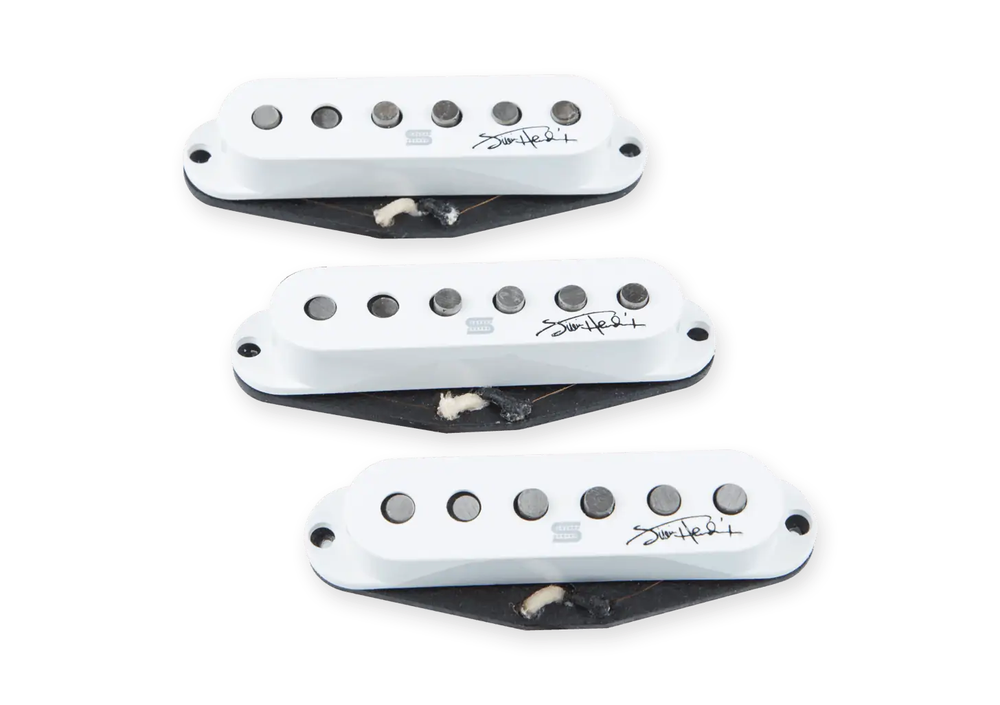 Seymour Duncan Hendrix Strat pickups in white, shown installed on a guitar with close-up view of the pickups and wiring.