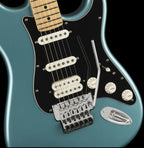 Fender Player Stratocaster Floyd Rose electric guitar with tidepool finish and maple fretboard, showing the body and hardware details.