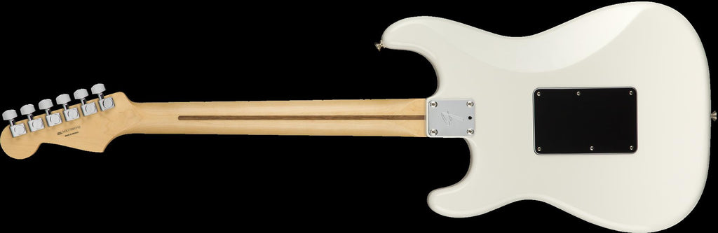 Fender Player Stratocaster Floyd Rose electric guitar with maple fretboard in polar white, showcasing its sleek body and hardware details.