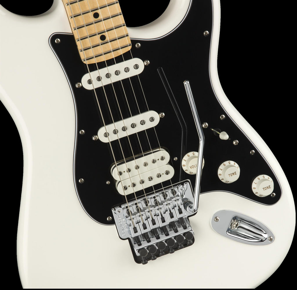 Fender Player Stratocaster Floyd Rose electric guitar with maple fretboard in polar white, showcasing the body and hardware details.