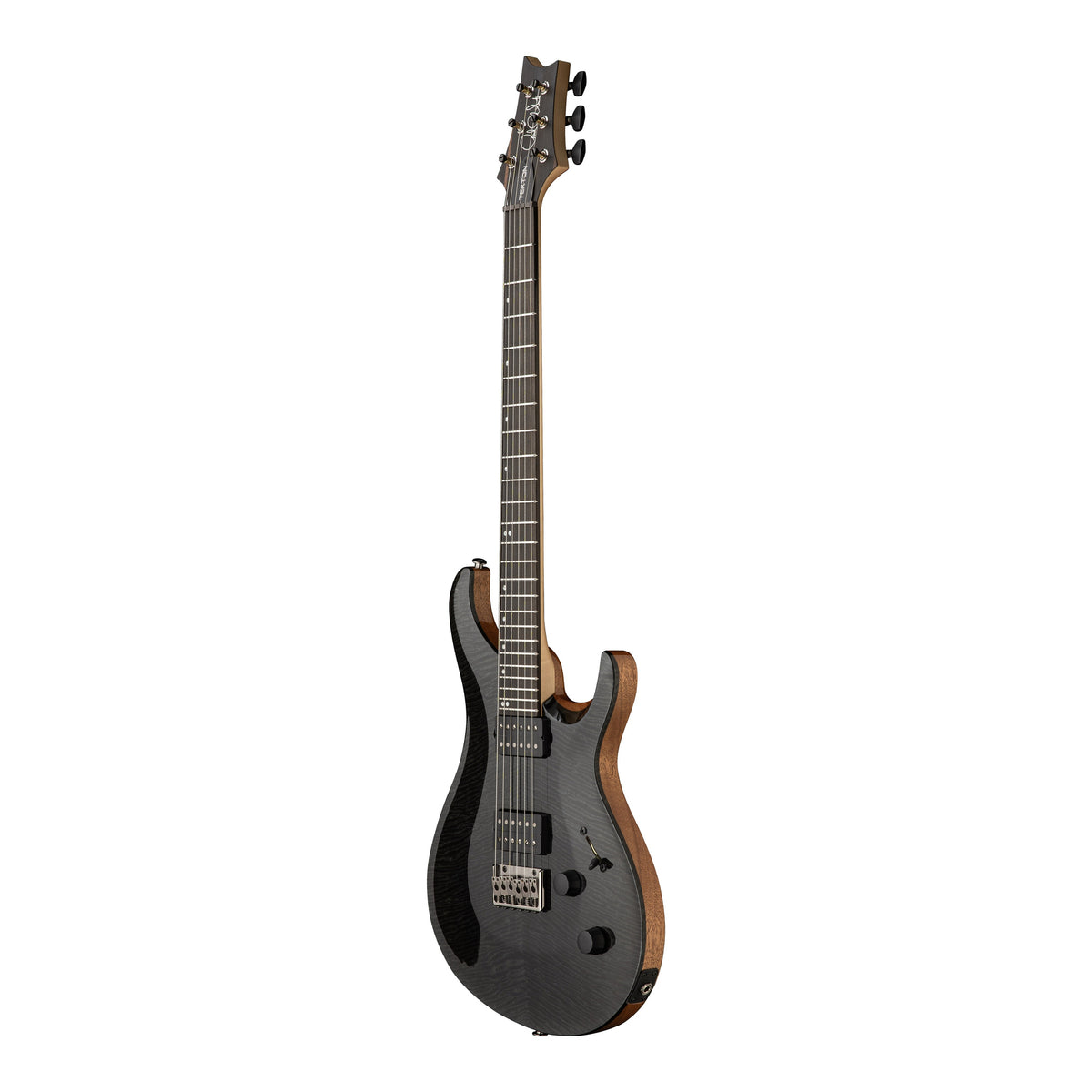 PRS Tekton electric guitar in slate blue finish with natural neck, shown from an angled side view.