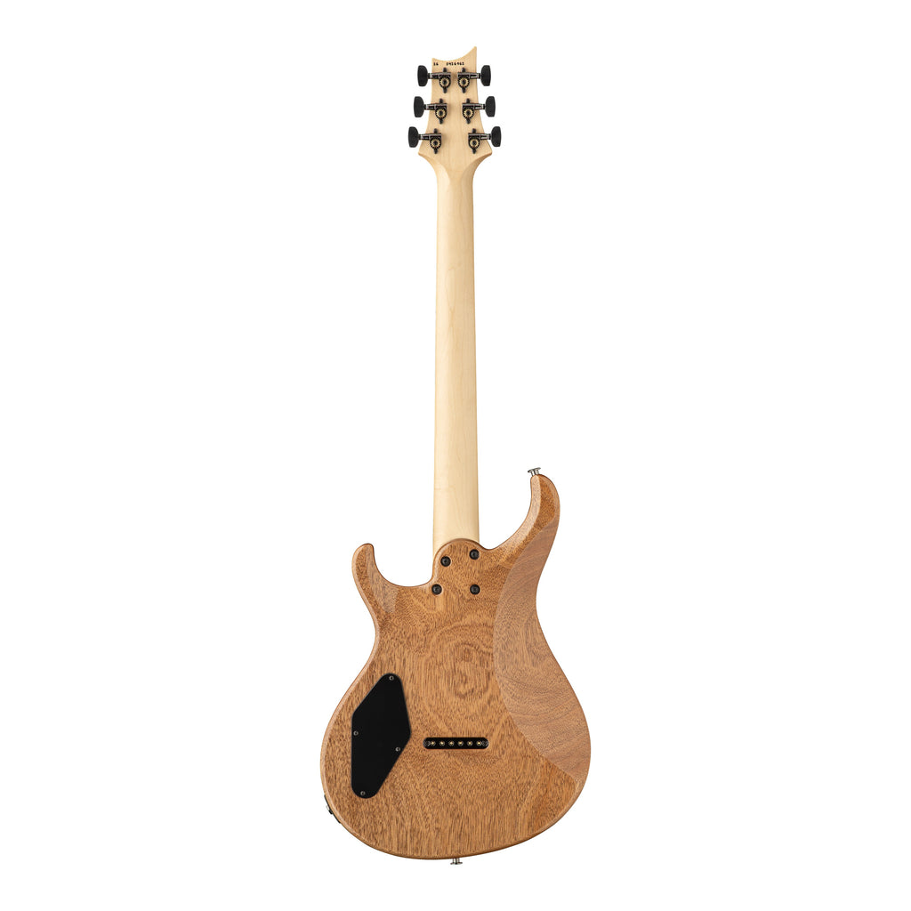PRS Tekton electric guitar with slate blue finish and natural neck, shown from the back, highlighting the body and headstock details.