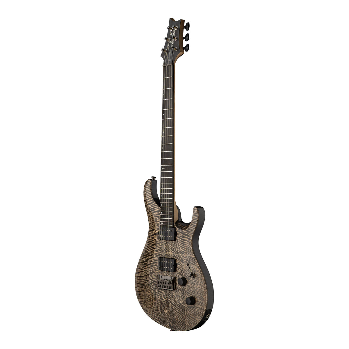 PRS Tekton electric guitar in Black Tourmaline finish with natural neck, shown from an angled perspective.