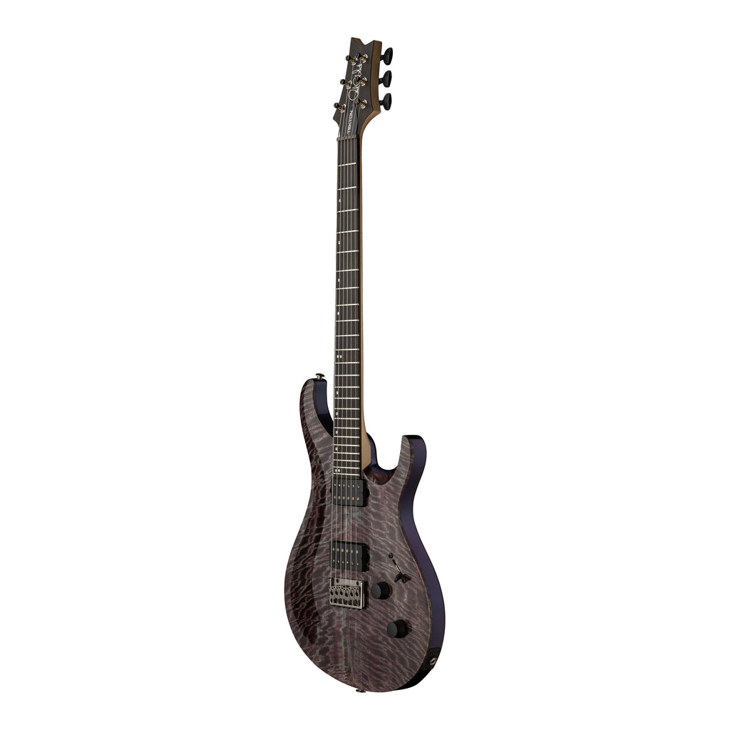 PRS Tekton electric guitar in violet tourmaline finish with natural neck, shown at an angle highlighting the body and hardware details.