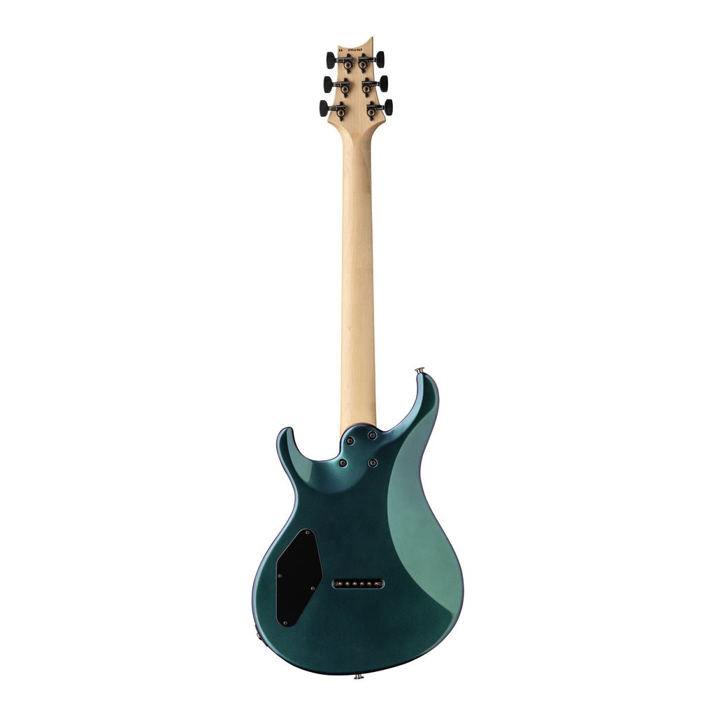 PRS Tekton electric guitar with violet tourmaline finish, natural neck, shown from the back angle.