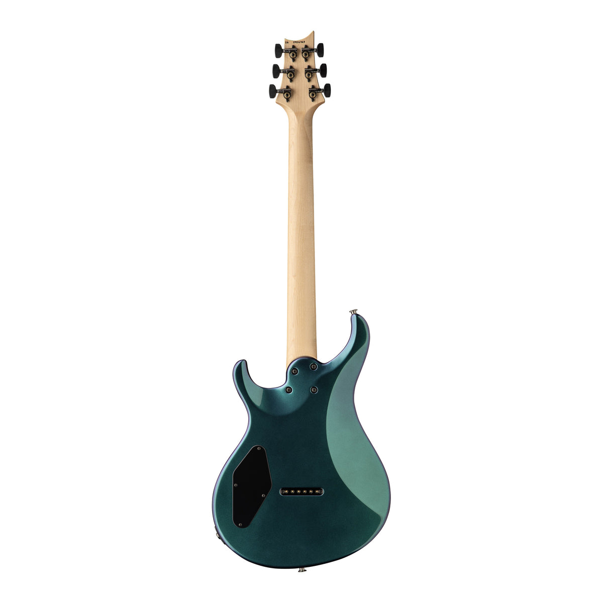 PRS Tekton electric guitar with violet tourmaline finish, natural neck, shown from the back angle.