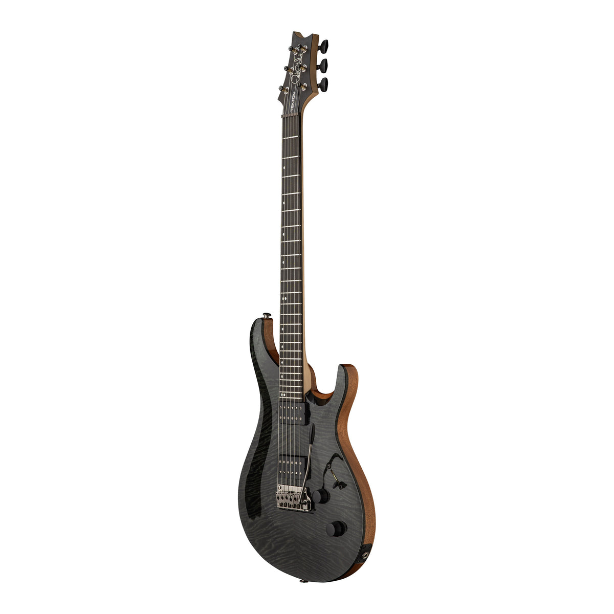 PRS Tekton T electric guitar in slate blue finish with natural neck, angled view showcasing the sleek body and hardware details.