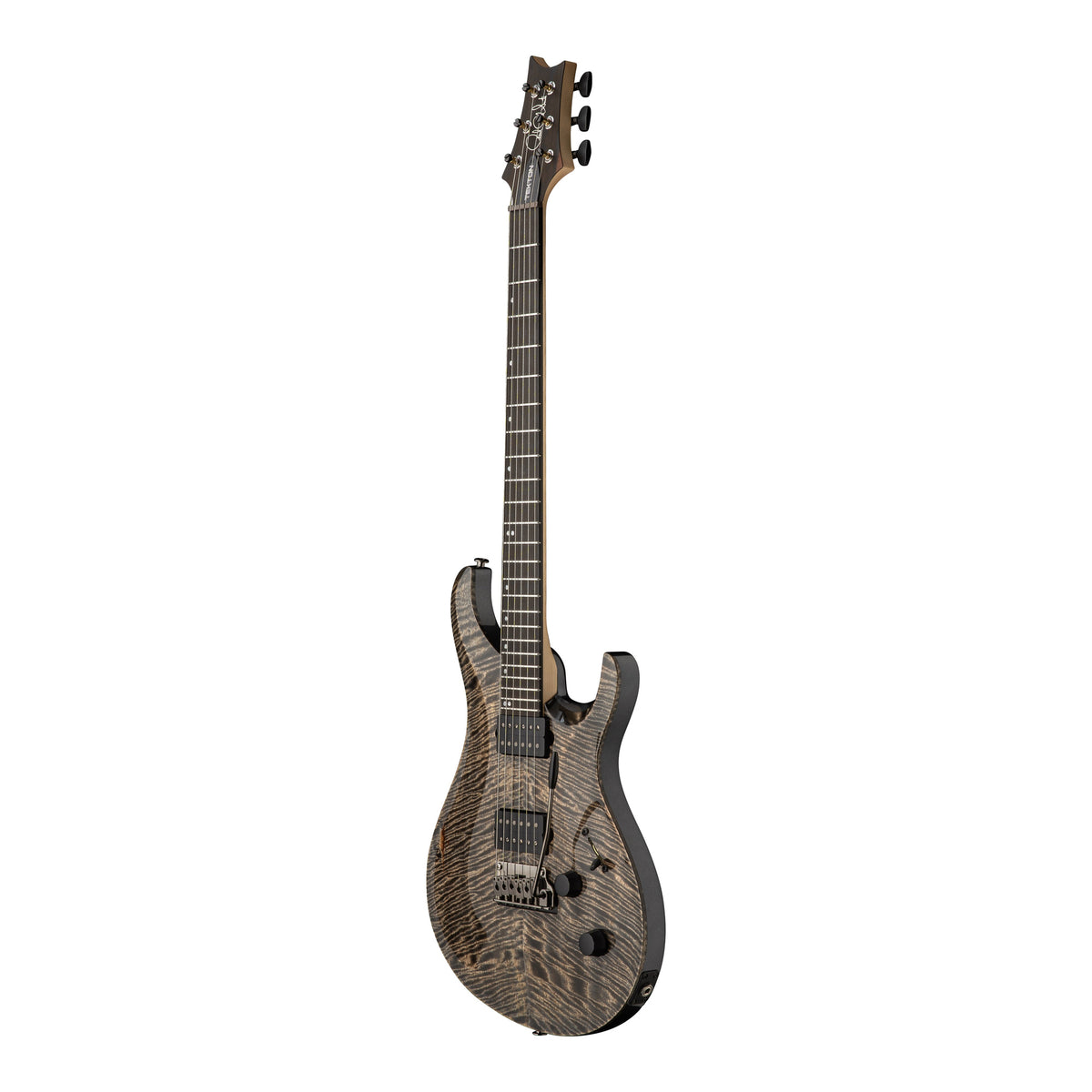 PRS Tekton T electric guitar in black tourmaline finish with natural neck, shown from an angled view highlighting the body and neck details.