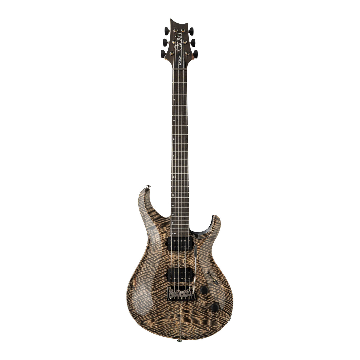 PRS Tekton T electric guitar in black tourmaline finish with natural neck, showcasing a sleek solid-body design and classic guitar features.