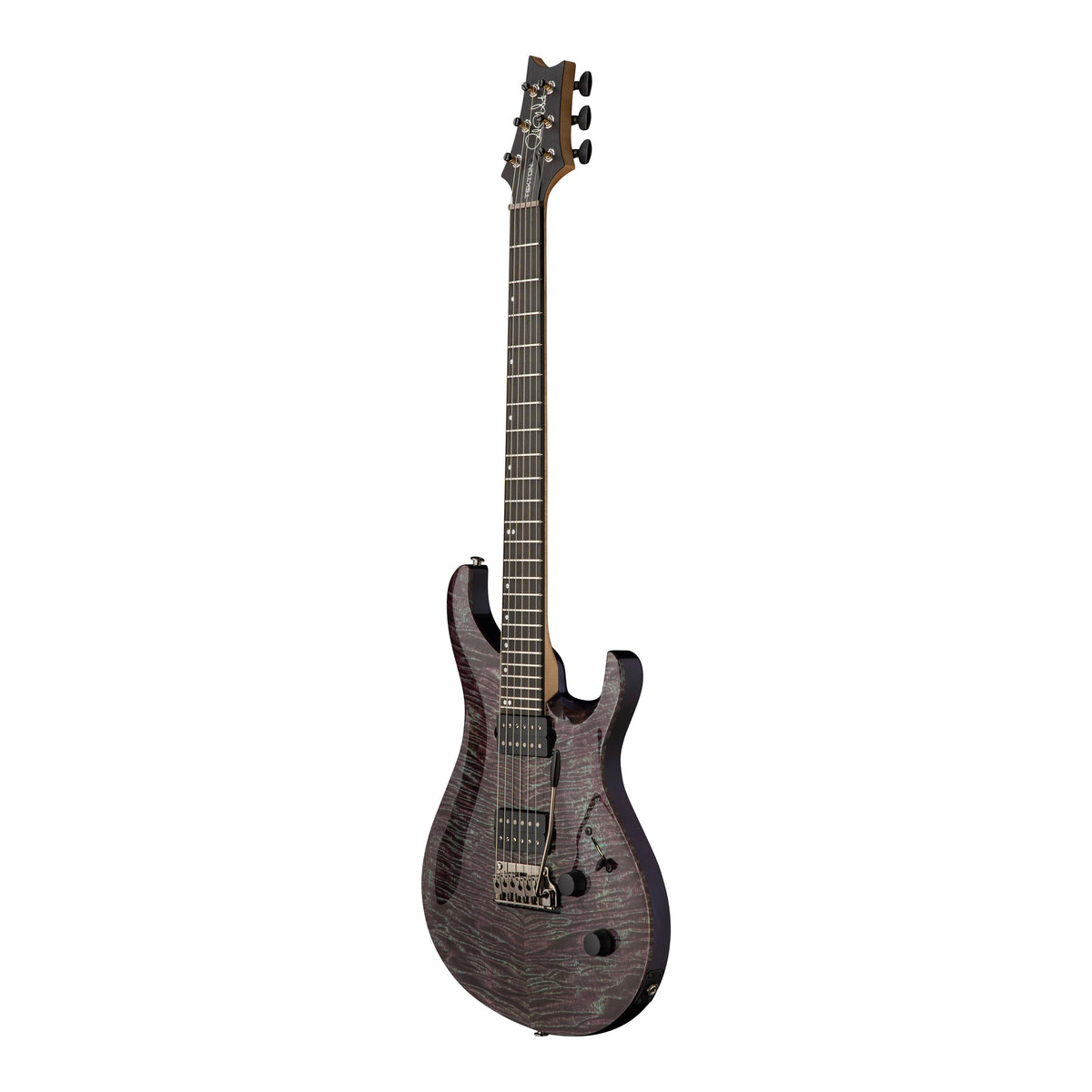 PRS Tekton T electric guitar in violet tourmaline finish with natural neck, angled view showcasing the sleek body and hardware details.