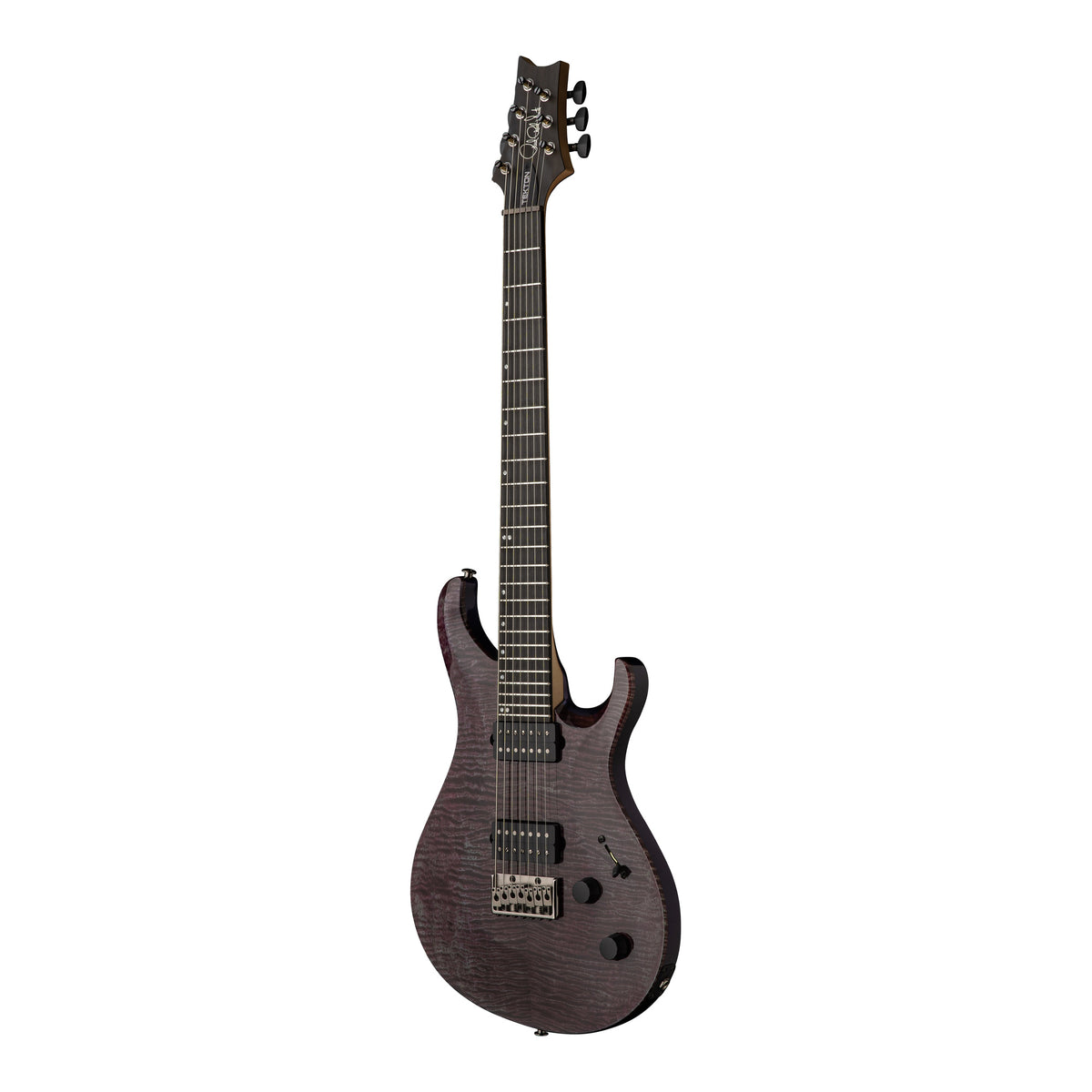 PRS Tekton SVN electric guitar with violet tourmaline finish, natural neck, angled view showcasing body and hardware details.