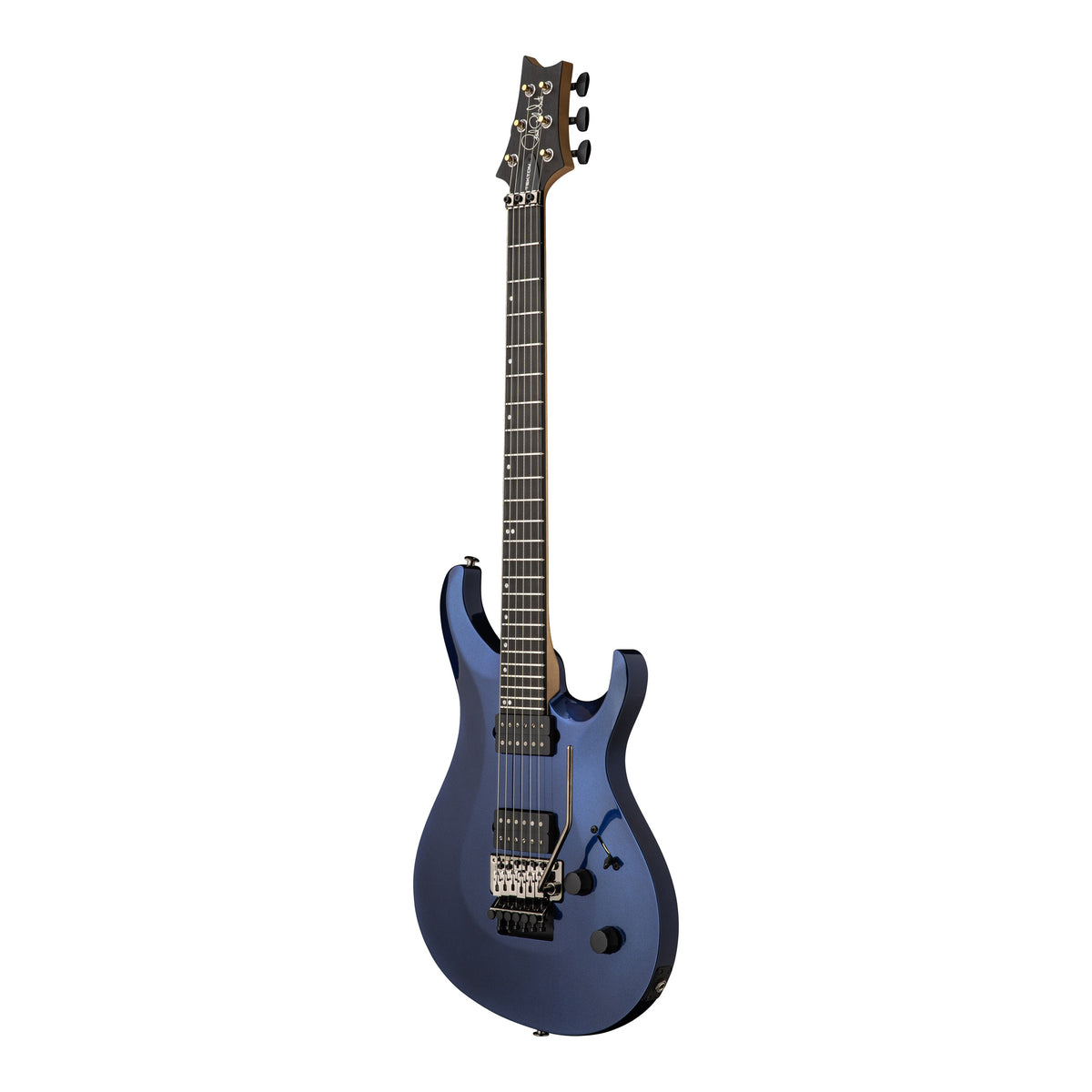 PRS Tekton Floyd electric guitar in pearl black with natural neck, showcasing the angled view of this sleek electric guitar.