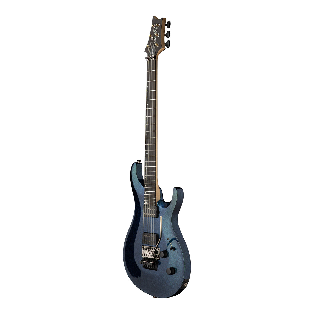 PRS Tekton Floyd electric guitar with multi-metal flake finish, natural neck, angled view, showcasing its sleek design and hardware.