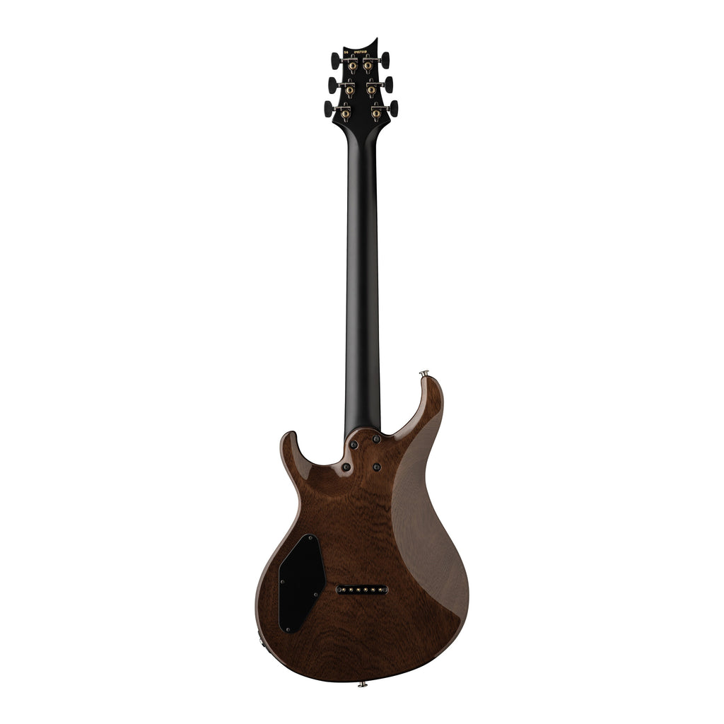 PRS Tekton electric guitar in fuchsia aura finish with black satin neck, showcasing the back of the guitar.