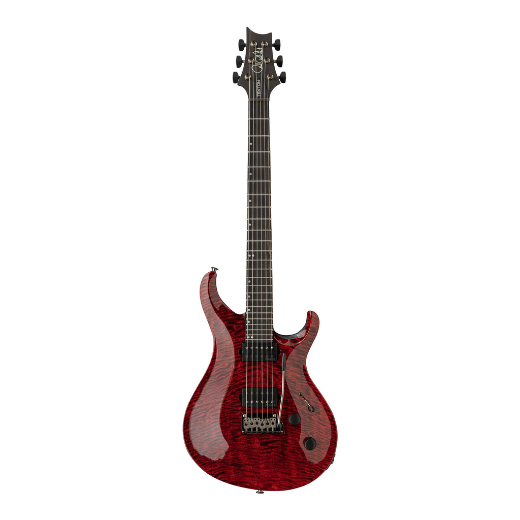 PRS Tekton T electric guitar in Bloodstone Red with black satin neck, showcasing its sleek body and detailed craftsmanship.