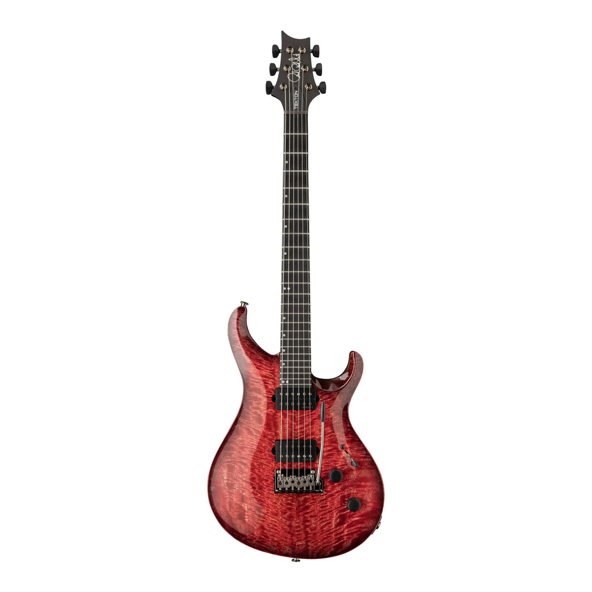 PRS Tekton T electric guitar in fuchsia aura finish with black satin neck, showcasing a sleek, modern design and classic electric guitar features.