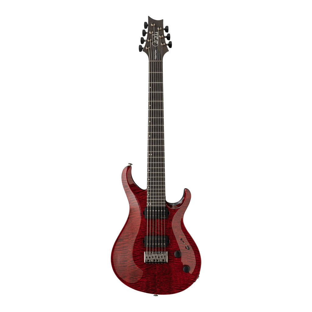 PRS Tekton SVN electric guitar in Bloodstone Red with black satin neck, showcasing its sleek body and detailed craftsmanship.