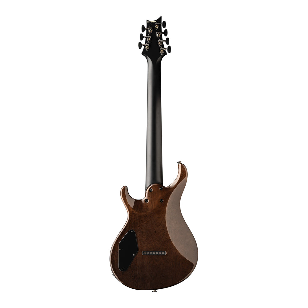 PRS Tekton SVN electric guitar in fuchsia aura finish with black satin neck, shown from the back.