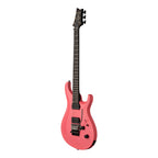 PRS Tekton Floyd electric guitar in hot pink and black satin finish, angled view highlighting the sleek design and satin neck.