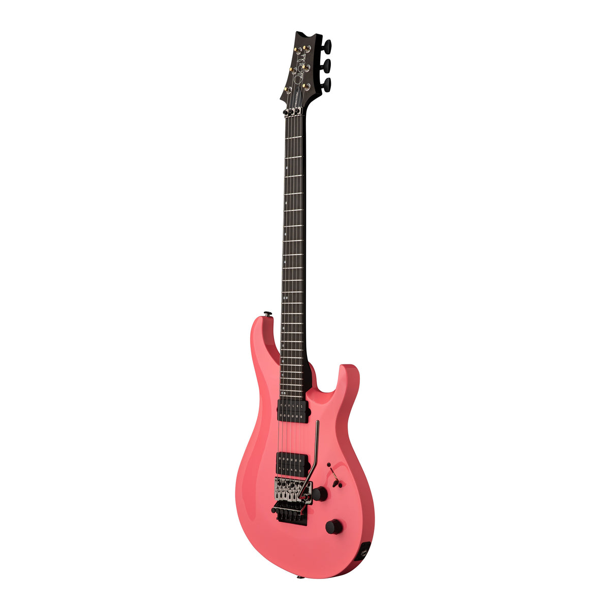 PRS Tekton Floyd electric guitar in hot pink and black satin finish, angled view highlighting the sleek design and satin neck.