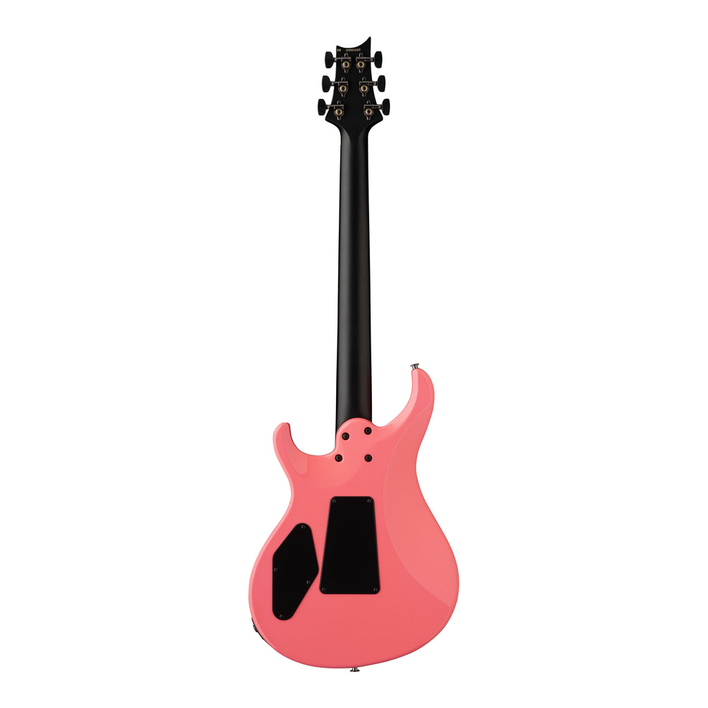 PRS Tekton Floyd electric guitar in hot pink with black satin neck, shown from the back highlighting the sleek design and hardware.