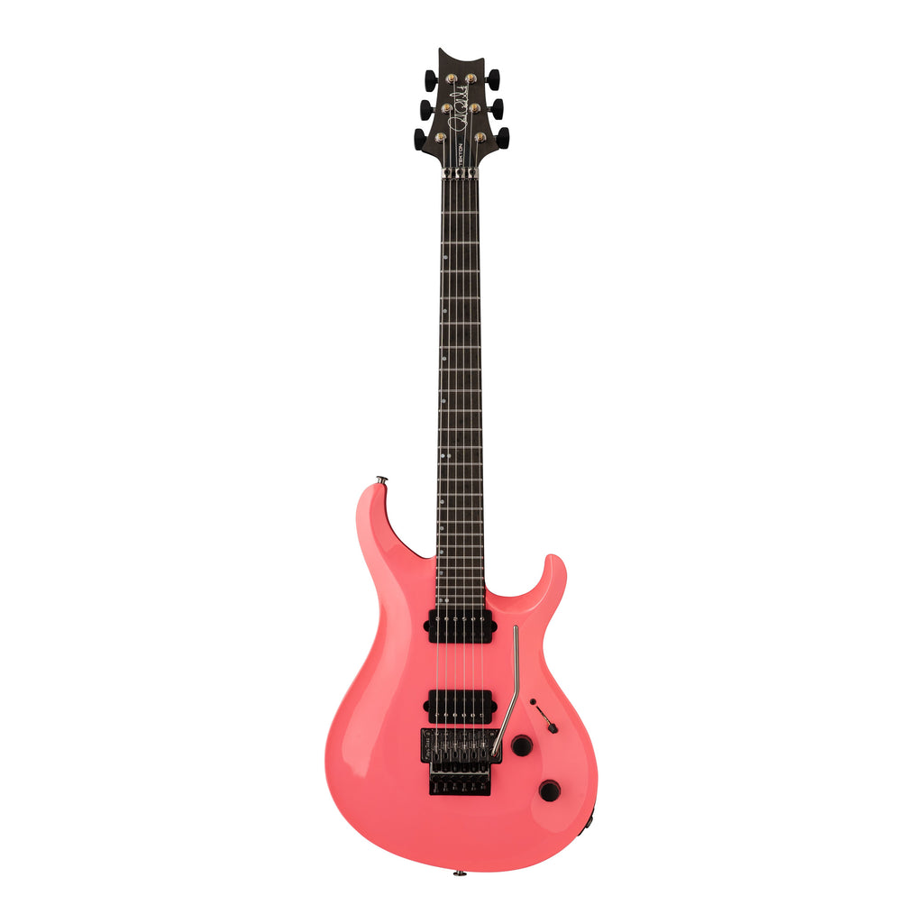 PRS Tekton Floyd electric guitar in hot pink with black satin neck, showcasing its sleek body and distinctive design.
