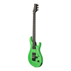 PRS Tekton Floyd electric guitar in neon green and black satin finish, featuring a sleek neck and angled body design.