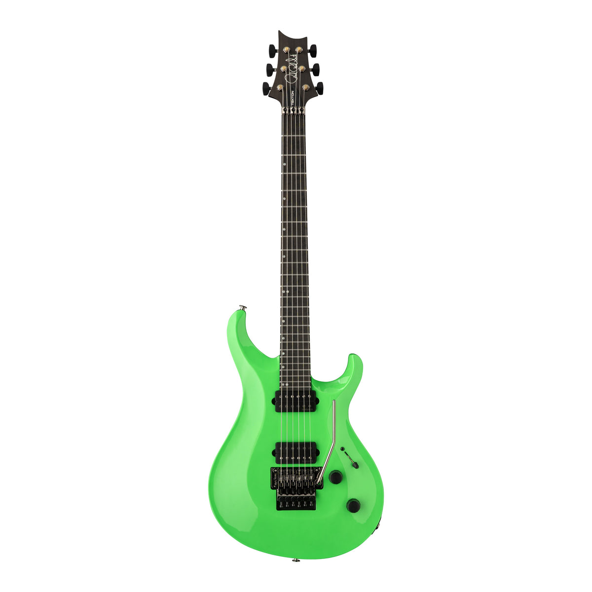 PRS Tekton Floyd electric guitar in neon green with black satin neck, showcasing its sleek body and modern design.