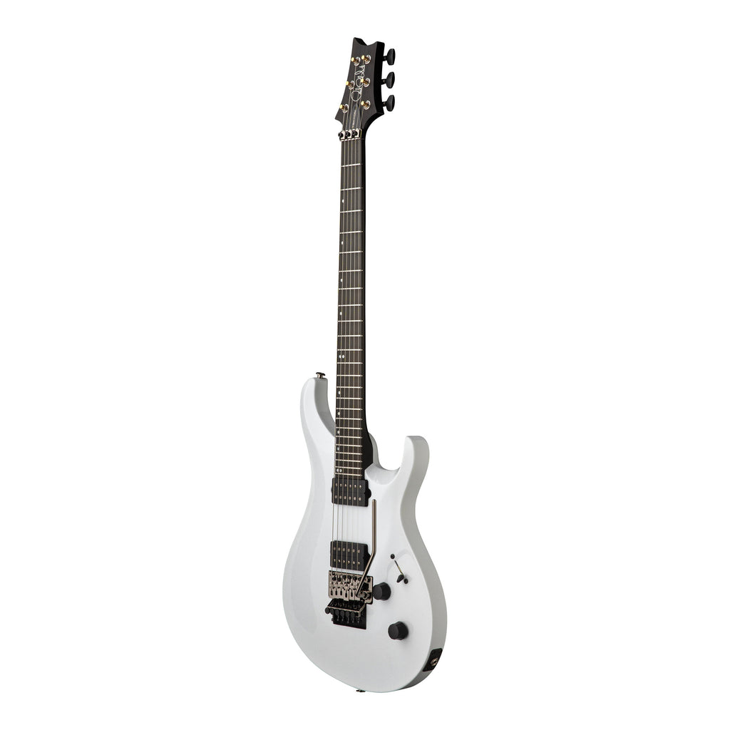 PRS Tekton Floyd electric guitar in white holoflake finish with black satin neck, angled view showcasing the sleek design and hardware.