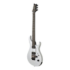 PRS Tekton Floyd electric guitar in white holoflake finish with black satin neck, angled view showcasing the sleek design and hardware.