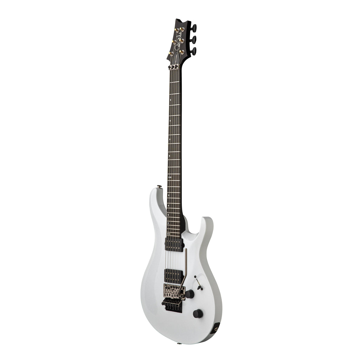 PRS Tekton Floyd electric guitar in white holoflake finish with black satin neck, angled view showcasing the sleek design and hardware.