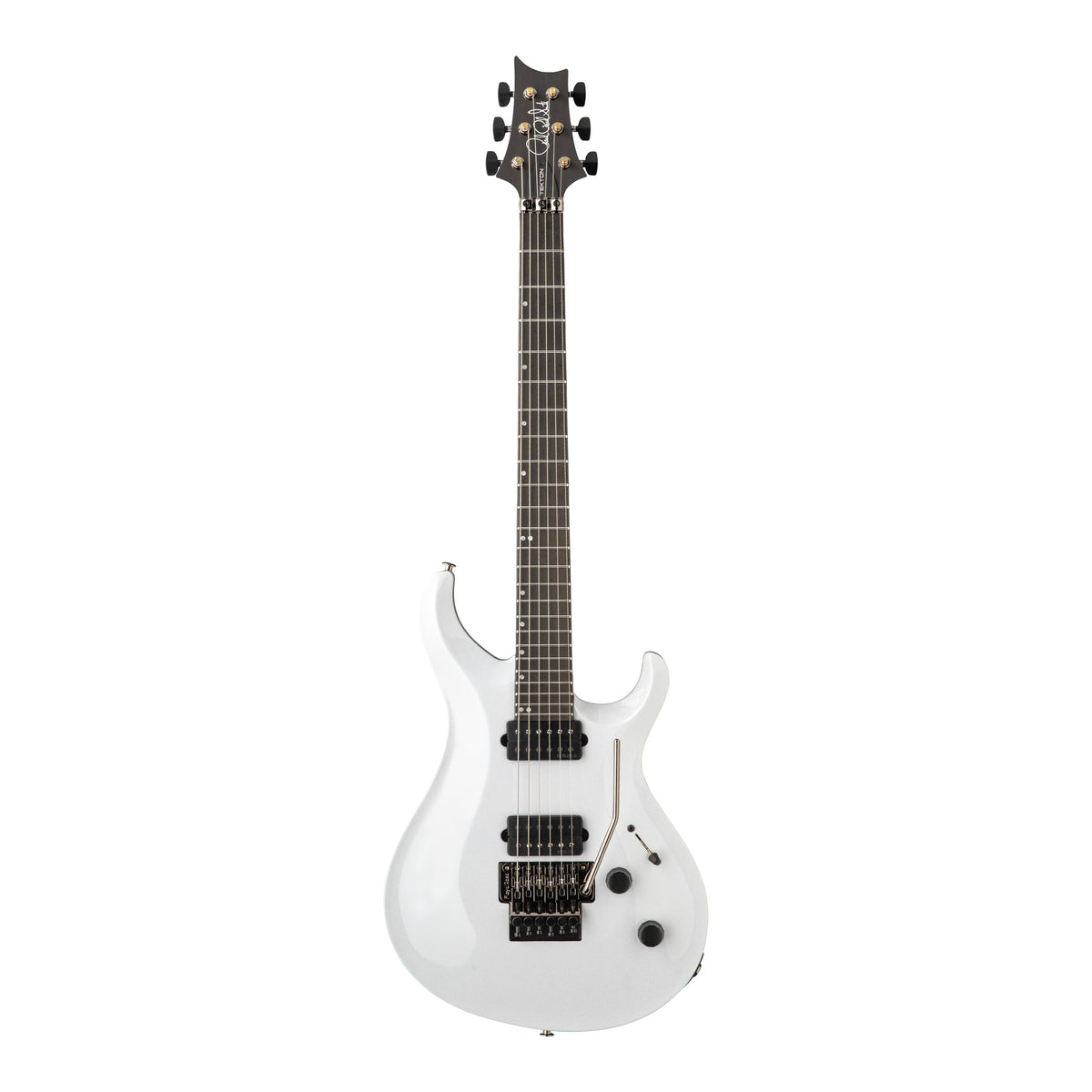 PRS Tekton Floyd electric guitar in white Holoflake finish with black satin neck, showcasing a sleek body and Floyd rose tremolo system.