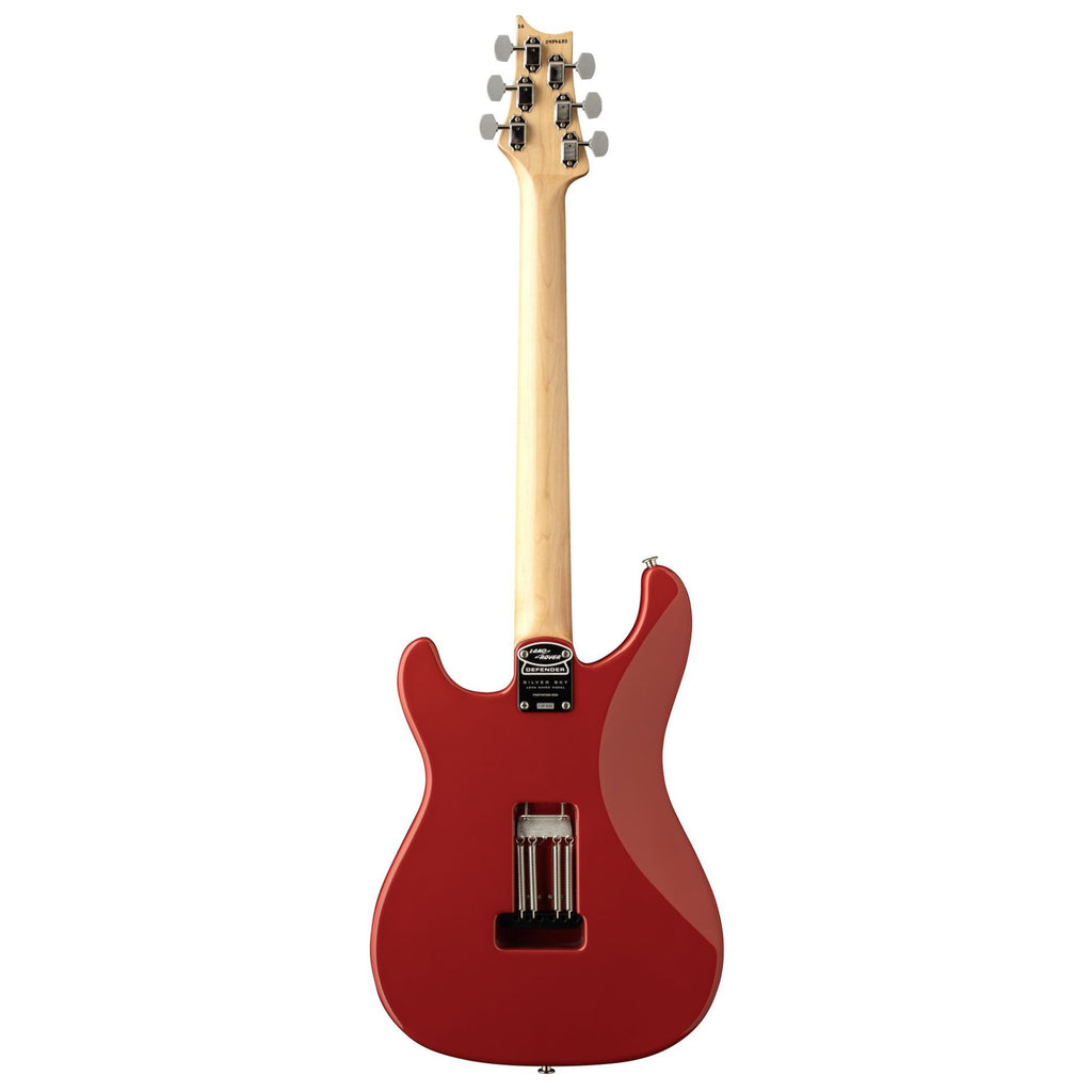 PRS Silver Sky Defender LTD electric guitar in Portofino Red with a sleek body and detailed hardware, showcasing a high-quality musical instrument.